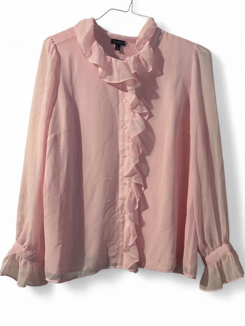 Talbots pink ruffle blouse with long sleeves, size L